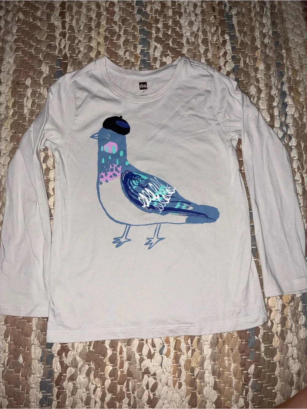 Tea Collection White Long-Sleeve Tee with Blue Pigeon Graphic